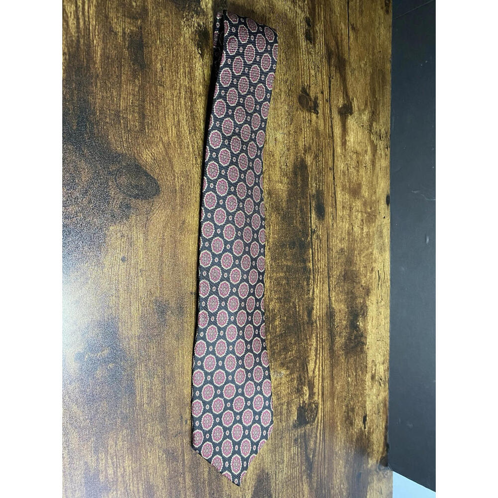 Lands’ End Long Men’s Silk Tie Pink Black Print
